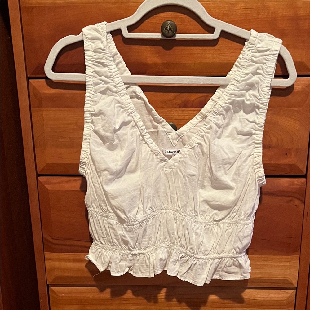 Reformation white top, size L, flirty and feminine viscose/cotton top